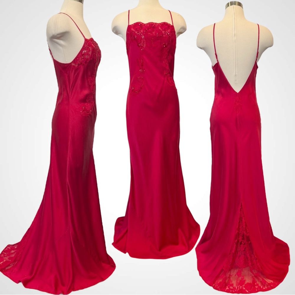 2002 Victoria’s Secret Silk Red Sheer Lace Train Backless Maxi Gown Slip Dress